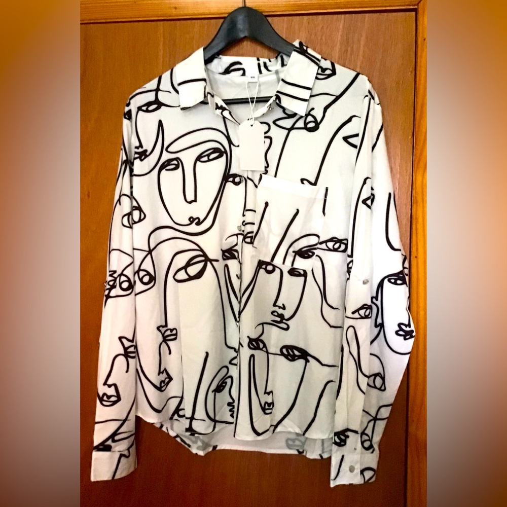 Shirt Collar Casual Abstract Blouse Size  XXL white New Never Worn